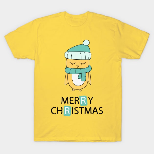 Merry Christmas greeting card with yellow chicken in scarf T-Shirt by Natali_Brill